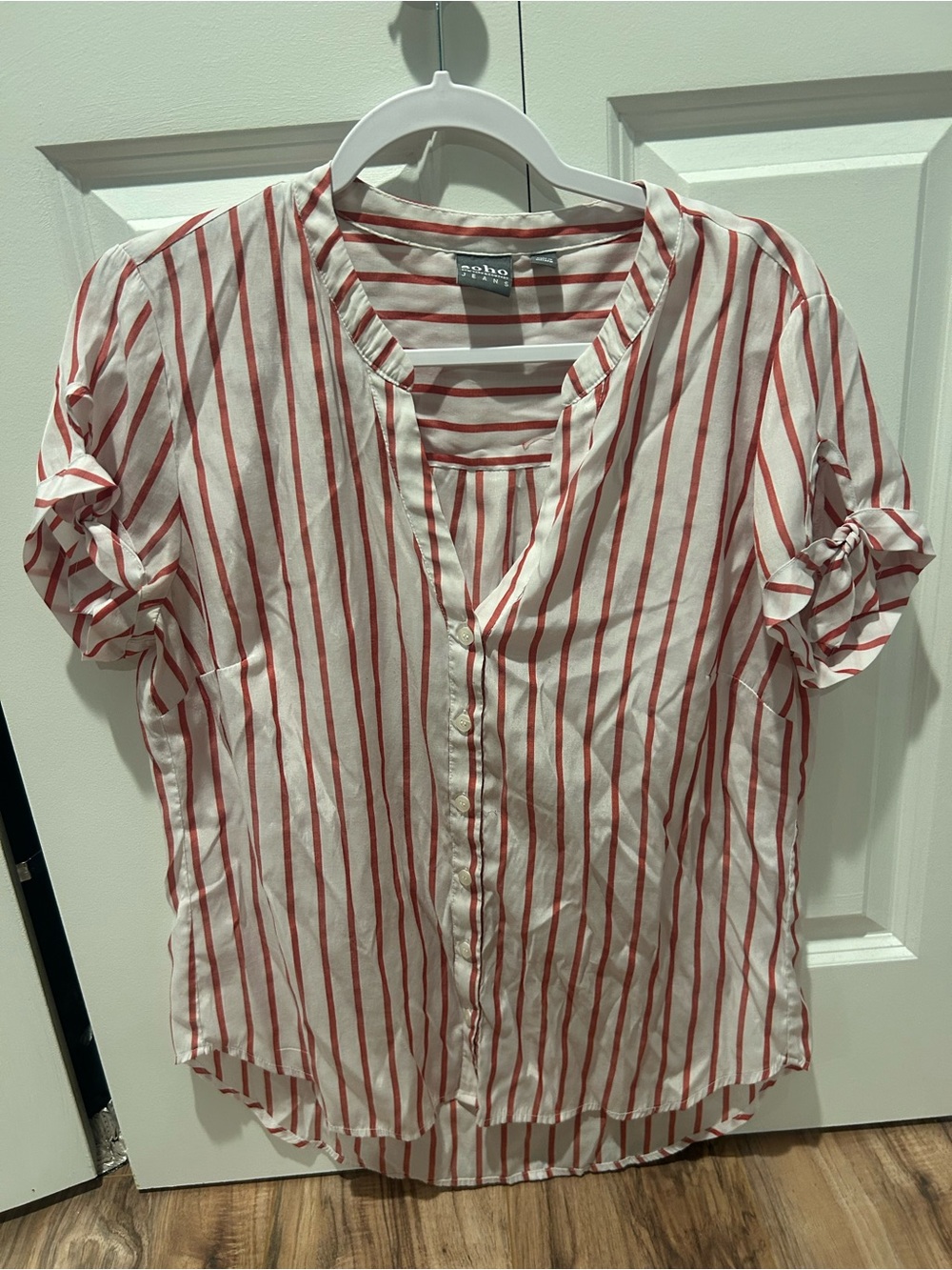 Soho White Blouse with Red Stripes Button-Front